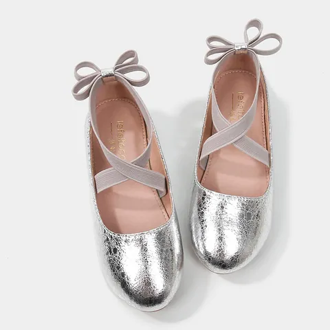 Girls Princess Shoes Ballerina Flats Mary Jane Round Toe With Bow Cross Straps Metallic Crackle Synthetic Leather Kids Formal Party Shoes