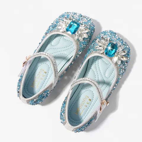 Girls Princess Rhinestone Sequin Mary Jane Flats Crystal Gemstone Party Wedding Dress Shoes For Kids Soft Sole Single Shoes
