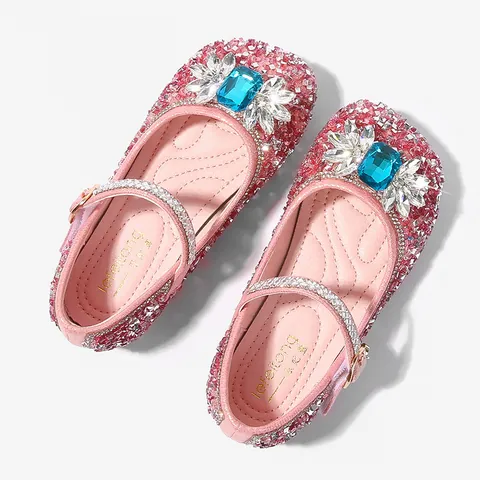 Girls Princess Rhinestone Sequin Mary Jane Flats Crystal Gemstone Party Wedding Dress Shoes For Kids Soft Sole Single Shoes