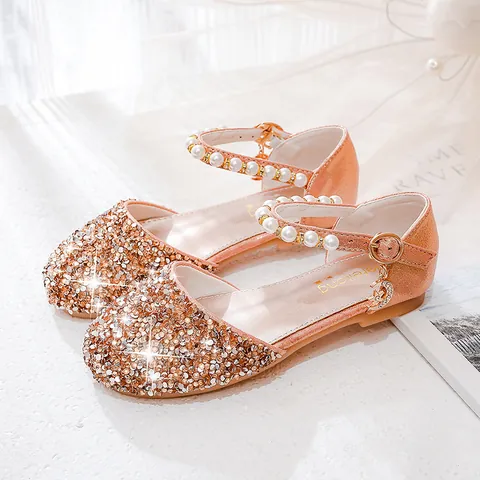 Girls Sequin Princess Shoes Shiny Mary Jane Flats With Pearl Strap And Star Moon Charms For Wedding Party Performance Kids Summer Sandals