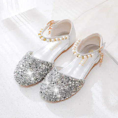 Girls Sequin Princess Shoes Shiny Mary Jane Flats With Pearl Strap And Star Moon Charms For Wedding Party Performance Kids Summer Sandals