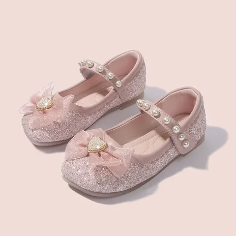 Girls Princess Mary Jane Shoes Glitter Sequin Bowknot Artificial Pearl Heart Party Wedding Dress Shoes Kids Soft Sole Flat Single Shoes