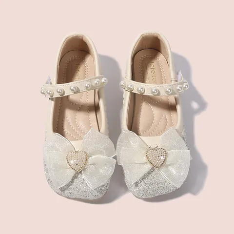 Girls Princess Mary Jane Shoes Glitter Sequin Bowknot Artificial Pearl Heart Party Wedding Dress Shoes Kids Soft Sole Flat Single Shoes