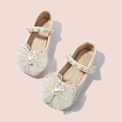 Scarpe Mary Jane Principessa Bambina Glitter Fiocco in Rete Perla Artificial Cuore Antiscivolo Scarpe Eleganti da Festa Matrimonio