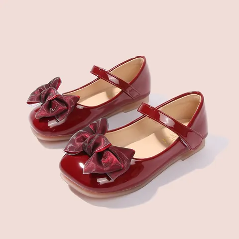 Girls Mary Jane Shoes Patent Leather Large Bow Princess Party Flats Soft Sole Hook And Loop Wedding For Kids Toddler