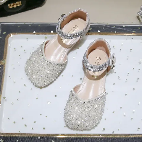 Girls Princess Shoes Glitter Rhinestone Sparkly Party Sandals Soft Rubber Sole Heart Charm Velcro Little Kids Flat Dress Shoes