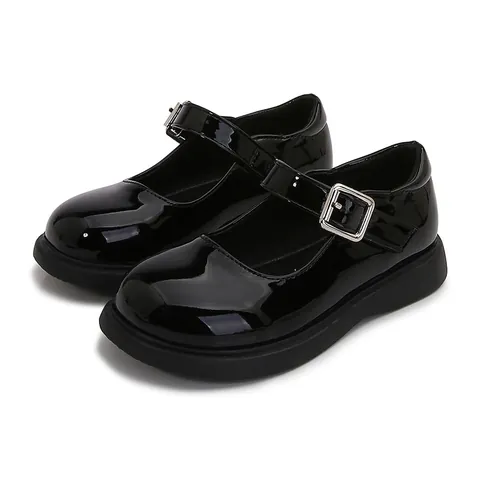 Girls Patent Leather Mary Jane Shoes British Style Kids School Uniform Dress Shoes Non-Slip Rubber Sole Buckle Black White Flats