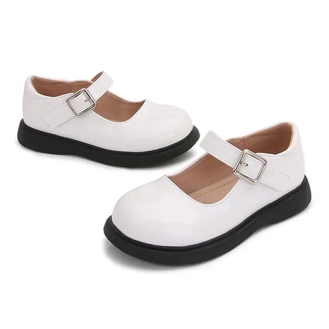 Girls Patent Leather Mary Jane Shoes British Style Kids School Uniform Dress Shoes Non-Slip Rubber Sole Buckle Black White Flats
