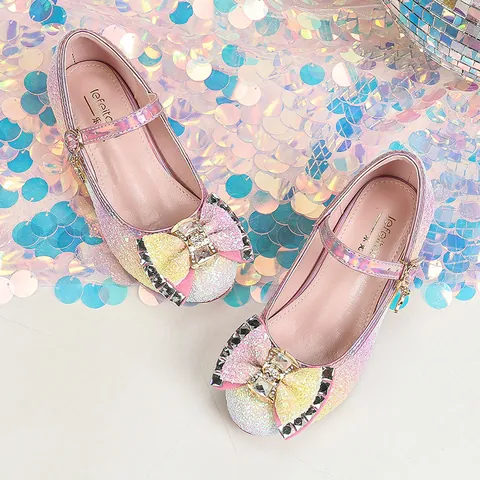 Mädchen Prinzessin Mary Jane Schuhe Farbverlauf Regenbogen Pailletten Strass Schleife Kinder Party Hochzeit Kleid Schuhe Mit Stern Mond Anhänger