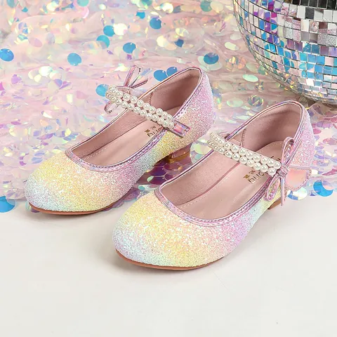 Girls Princess Shoes Rainbow Gradient Sequin Mary Janes With Pearl Rhinestone Bowknot Breathable Kids Party Low Heel Shoes