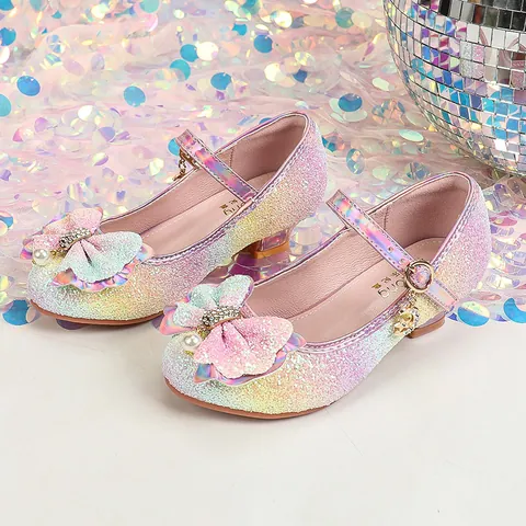 Mädchen Regenbogen Pailletten Prinzessin Schuhe Strass Perle Schleife Mary Jane Schuhe Stern Mond Anhänger Kinder Party Aufführung Dress Shoes