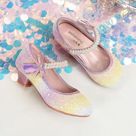Girls Princess Shoes Rainbow Gradient Sequin Mary Janes With Pearl Rhinestone Bowknot Breathable Kids Party Low Heel Shoes