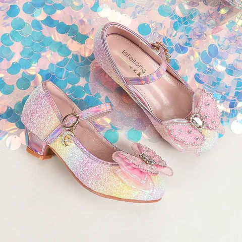 Mädchen Prinzessin Pailletten Bogen Mary Jane Schuhe Mit Strass Schmetterling Glitzernden Farbverlauf Regenbogen Abendkleid Schuhe Für Party Hochzeit