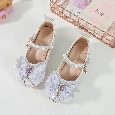 Zapatos de Princesa para Niña Merceditas de Lentejuelas con Brillo con Lazo Correa de Perlas Strass Tacón Bajo de Cristal para Fiesta Boda