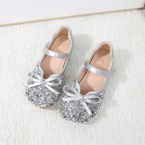Girls Silver Glitter Princess Mary Jane Shoes Shiny Bowknot Rhinestone Flat Shoes For Performance Party Wedding Kids