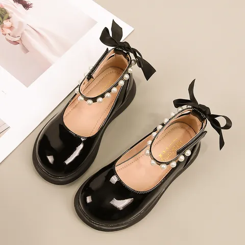 Girls Mary Jane Shoes Patent Leather Princess Flat Shoes With Pearls And Bow Black White Performance School Students Shoes