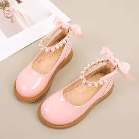Girls Mary Jane Shoes Patent Leather Princess Flat Shoes With Pearls And Bow Black White Performance School Students Shoes