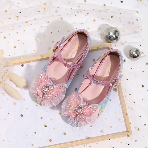 Girls Princess Shoes Gradient Sequined Rhinestone Bow Mary Jane Shoes With Transparent Crystal Heel And Pearl Pendant For Kids Party