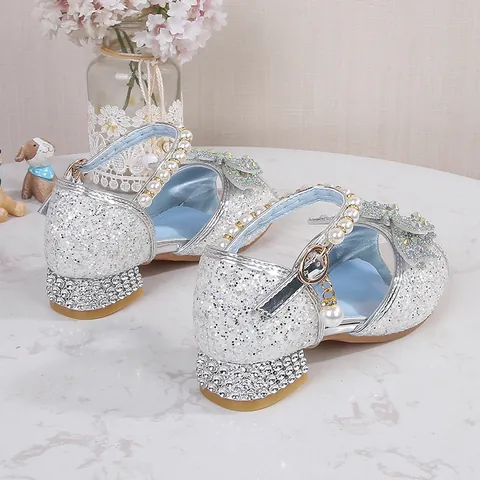 Meisjes Pailletten Prinses Sandalen Glinsterende Strik Strass Lage Hak Party Jurk Schoenen Met Kunstparel Band Voor Kinderen