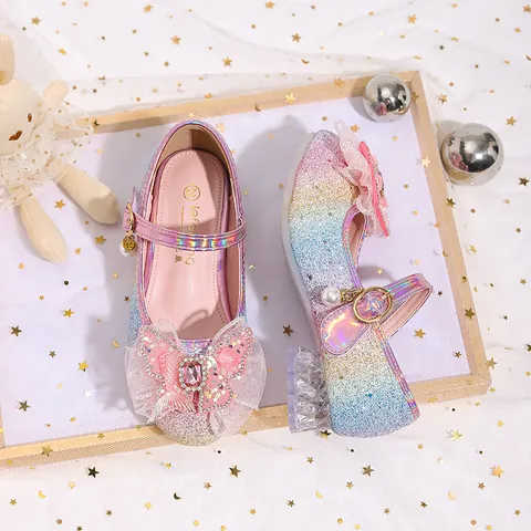 Girls Princess Shoes Gradient Sequined Rhinestone Bow Mary Jane Shoes With Transparent Crystal Heel And Pearl Pendant For Kids Party