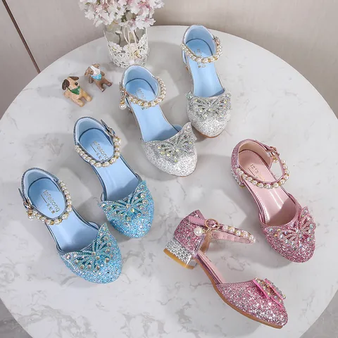 Girls Princess Shoes Rhinestone Bow Glitter Mary Janes With Pearl Strap Performance Party Dress Shoes For Kids