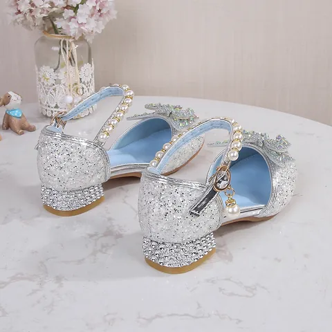Girls Princess Shoes Rhinestone Bow Glitter Mary Janes With Pearl Strap Performance Party Dress Shoes For Kids
