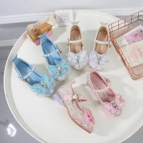 Zapatos de Princesa para Niña Merceditas de Lentejuelas con Brillo con Lazo Correa de Perlas Strass Tacón Bajo de Cristal para Fiesta Boda