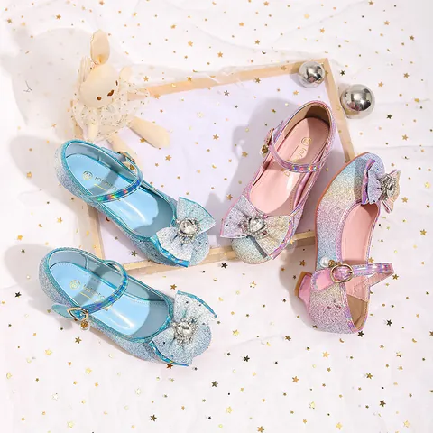 Girls Glitter Princess Shoes Rhinestone Bowknot Crystal Mary Jane Party Wedding Dress High Heel For Kids Graduation Performance Shoes