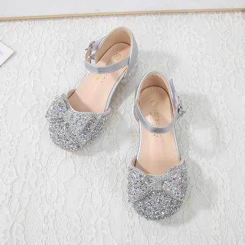 Shiny Girls Sequin Princess Shoes Crystal Chunky Heel Bow Rhinestone Dress Shoes For Wedding Party Performance Birthday