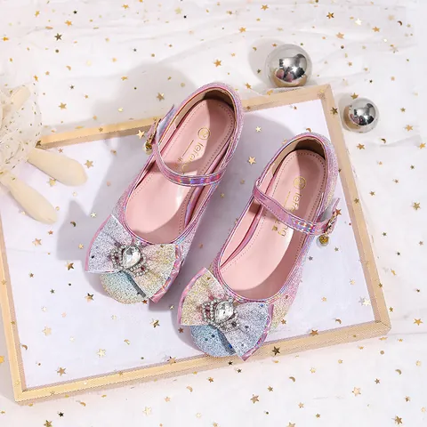 Girls Glitter Princess Shoes Rhinestone Bowknot Crystal Mary Jane Party Wedding Dress High Heel For Kids Graduation Performance Shoes