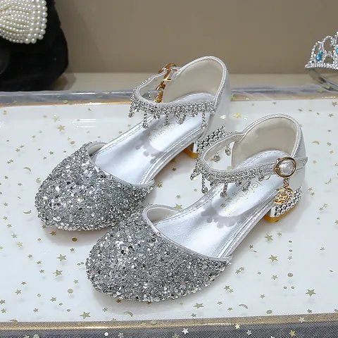 Girls Silver Sequin Princess Dress Shoes With Rhinestone Tassel Low Heel Mary Jane Shoes For Party Performance Wedding