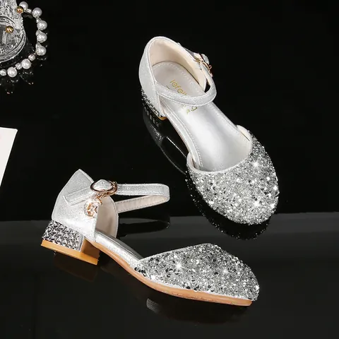 Girls Silver Glitter Princess Shoes With Rhinestone Low Heel Mary Jane For Party Wedding Performance Elegant Kids Dress Shoes Moon Star Pendant