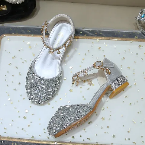 Girls Silver Sequin Princess Dress Shoes Rhinestone Low Heel Sandals With Star Moon Charms For Party Wedding Performance