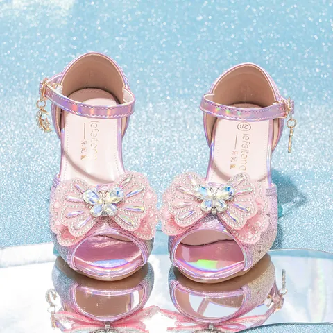 Girls High Heel Princess Shoes Sparkly Sequins Rhinestone Butterfly Bow Party Dress Sandals For Kids Wedding Performance Shoes