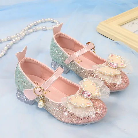 Girls Princess Shoes Glitter Bow Rhinestone Crystal High Heels Mary Jane Party Wedding Dress Shoes For Kids Toddlers