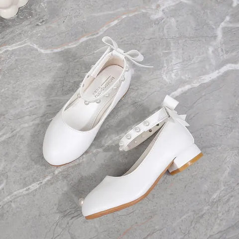 Mädchen Weiße PU Lackleder Prinzessin Mary Jane Schuhe Mit Perlen Und Schleife Niedriger Blockabsatz Formelle Hochzeit Party Kleidung Schuhe