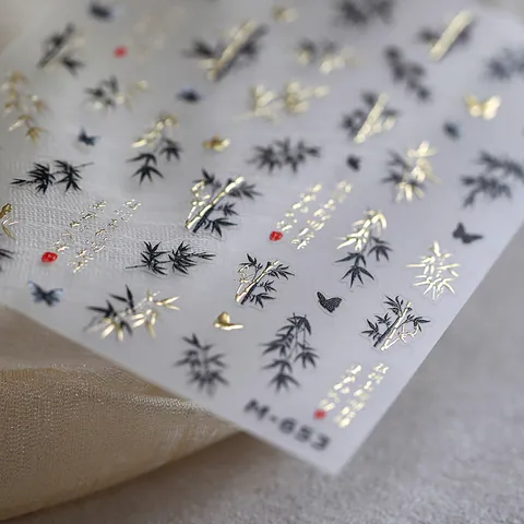 Pegatinas de Uñas 3D Estilo Chino en Relieve Bambú Mariposa Caligrafía Estampado en Oro Calcomanías de Uñas Mujer Decoración