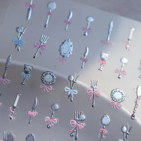3D Vintage Relief Nagelaufkleber Metallisch Besteck Löffel Gabel Muster Mit Schleife Selbstklebende Decals Für Damen DIY Nagelkunst Dekoration