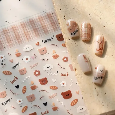 Schattige Cartoon Beer Nagelkunst Stickers Herfst Winter Bruin Koffie Patroon Zelfklevende Nagelstickers Voor Vrouwen DIY Decoratie