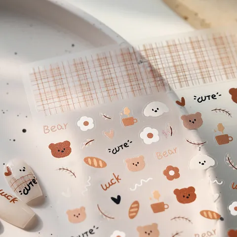 Schattige Cartoon Beer Nagelkunst Stickers Herfst Winter Bruin Koffie Patroon Zelfklevende Nagelstickers Voor Vrouwen DIY Decoratie
