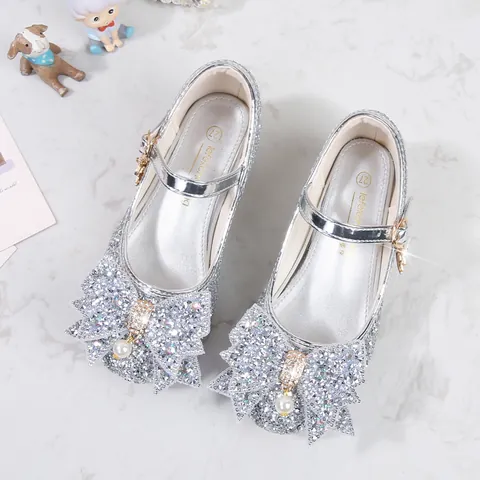 Girls Sequin Mary Jane Princess Shoes With Rhinestone Bow And Artificial Pearl Detail Sparkly Block Heel Dress Shoes For Wedding Party