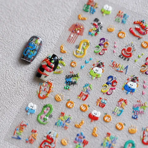 Pegatinas para Uñas con Relieve 5D 2025 Año de la Serpiente Relieve de Dibujos Animados Calcomanías de Arte para Uñas Adhesivo Año Nuevo Chino Patrón de Suerte Decoración de Manicura para Mujeres
