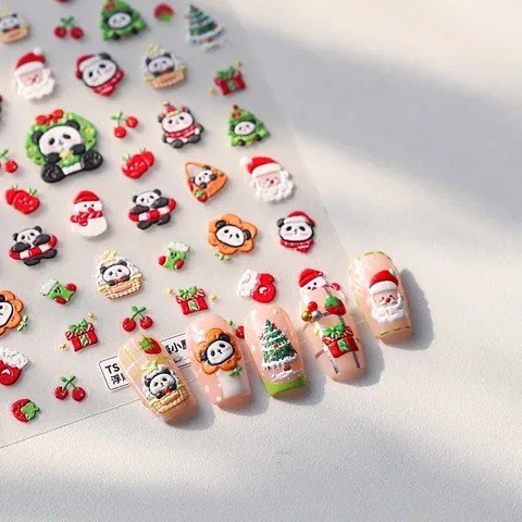 Christmas Nail Art Stickers 3D Relief Panda Santa Pattern Embossed DIY Manicure Self Adhesive Holiday Decoration