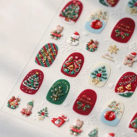 Weihnachten 3D Geprägt Nagelkunst Aufkleber Rot Grün Gold Festlicher Baum Lebkuchenmann 5D Relief DIY Nägel Damen