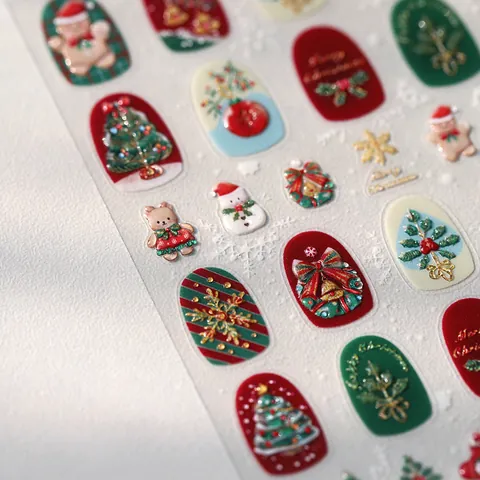 Weihnachten 3D Geprägt Nagelkunst Aufkleber Rot Grün Gold Festlicher Baum Lebkuchenmann 5D Relief DIY Nägel Damen