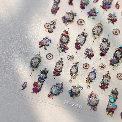 Vintage Steampunk Clock Gear Rose Laser Holographic Nail Art Stickers 3D Relief PET Decals For Women DIY Manicure Decoration