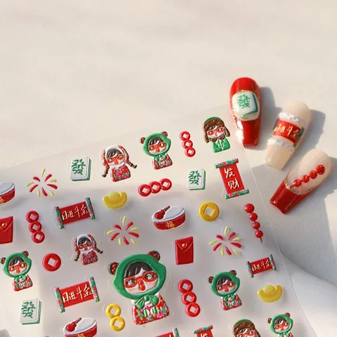 Adesivi per Unghie 3D Rilievo Capodanno Cinese Busta Rossa Mahjong Caratteri Fortunati Decorazione Manicure Fai Da Te Donna
