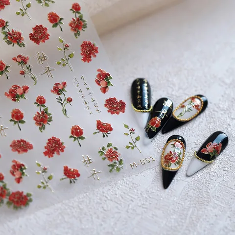 3D Embossed Nail Art Stickers Red Peony Flowers Chinese Calligraphy Gold Bronzing Ultra Thin Self Adhesive Decals Manicure Decor