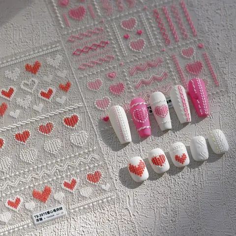 3D Embossed Nail Art Stickers Heart Sweater Pattern Knit Texture Self-Adhesive Winter DIY Manicure Decals For Women