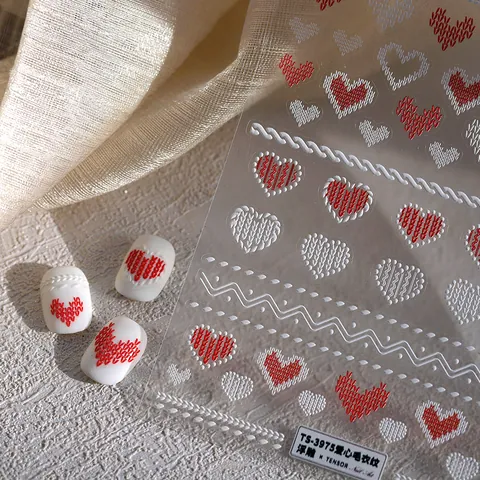3D Embossed Nail Art Stickers Heart Sweater Pattern Knit Texture Self-Adhesive Winter DIY Manicure Decals For Women